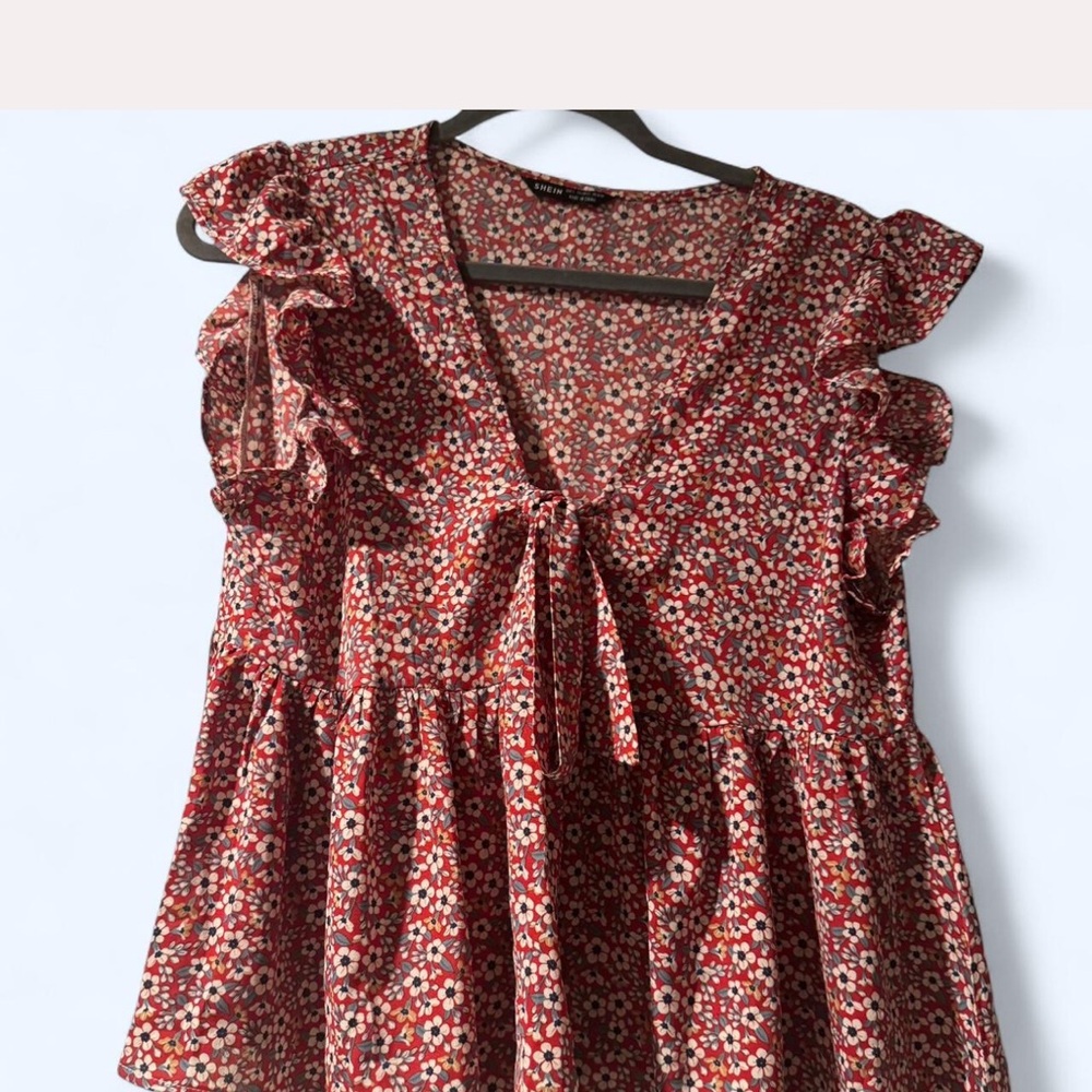 SHEIN Red Floral Ruffle Blouse